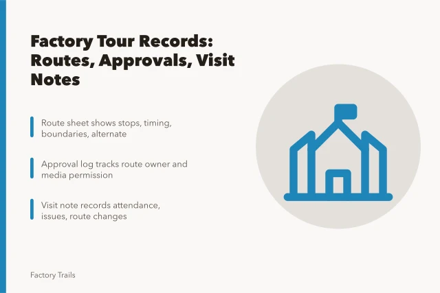 Card listing factory tour record types: route sheet, approval log, visit note. How factory tour records keep visits organized and secure