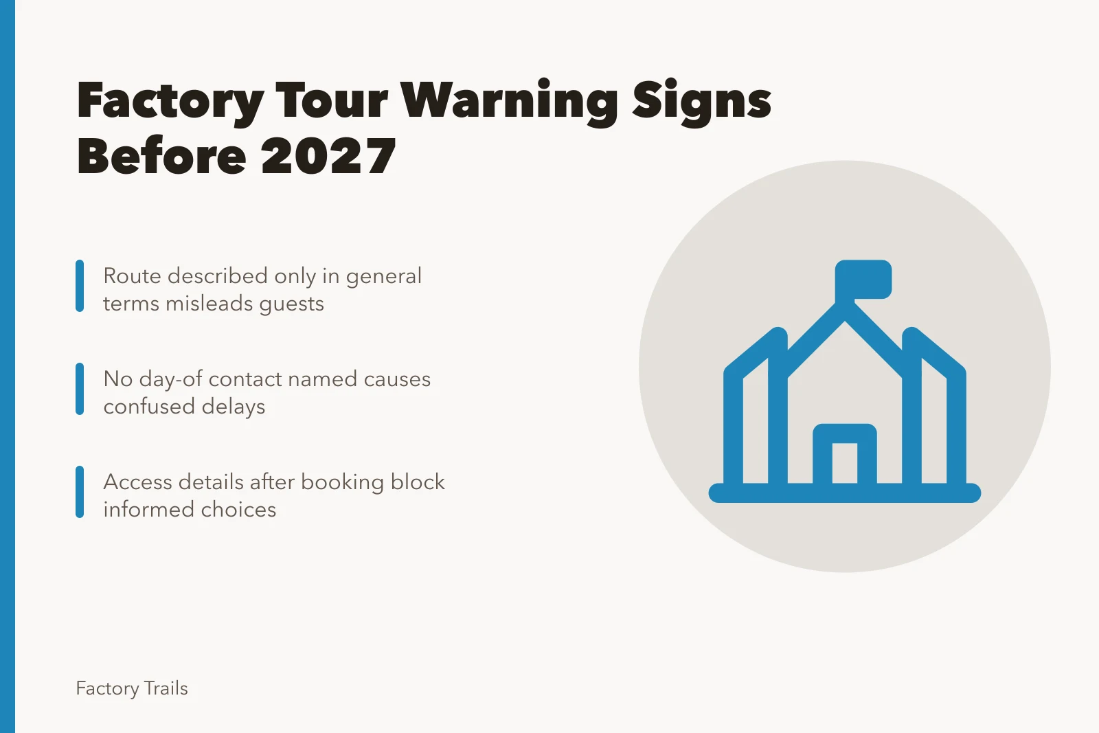 Card listing factory tour warning signs for 2027 visitor planning. Factory tour warning signs: how to spot weak visitor planning before 2027