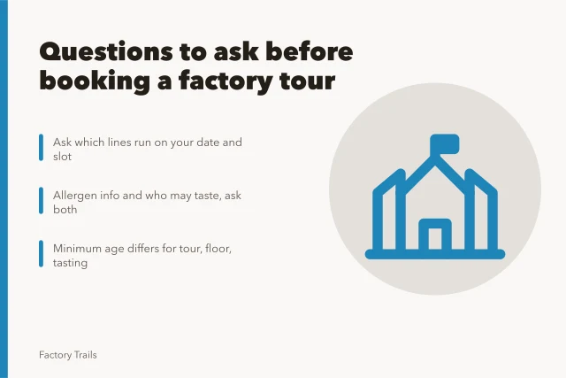 Checklist of questions to ask before booking a factory tour. What should you ask before booking a factory tour experience?