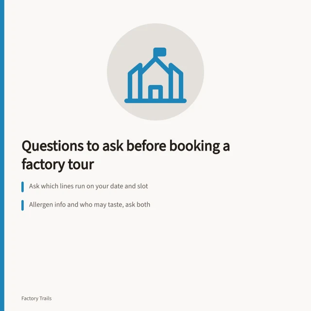 Checklist of questions to ask before booking a factory tour. What should you ask before booking a factory tour experience?
