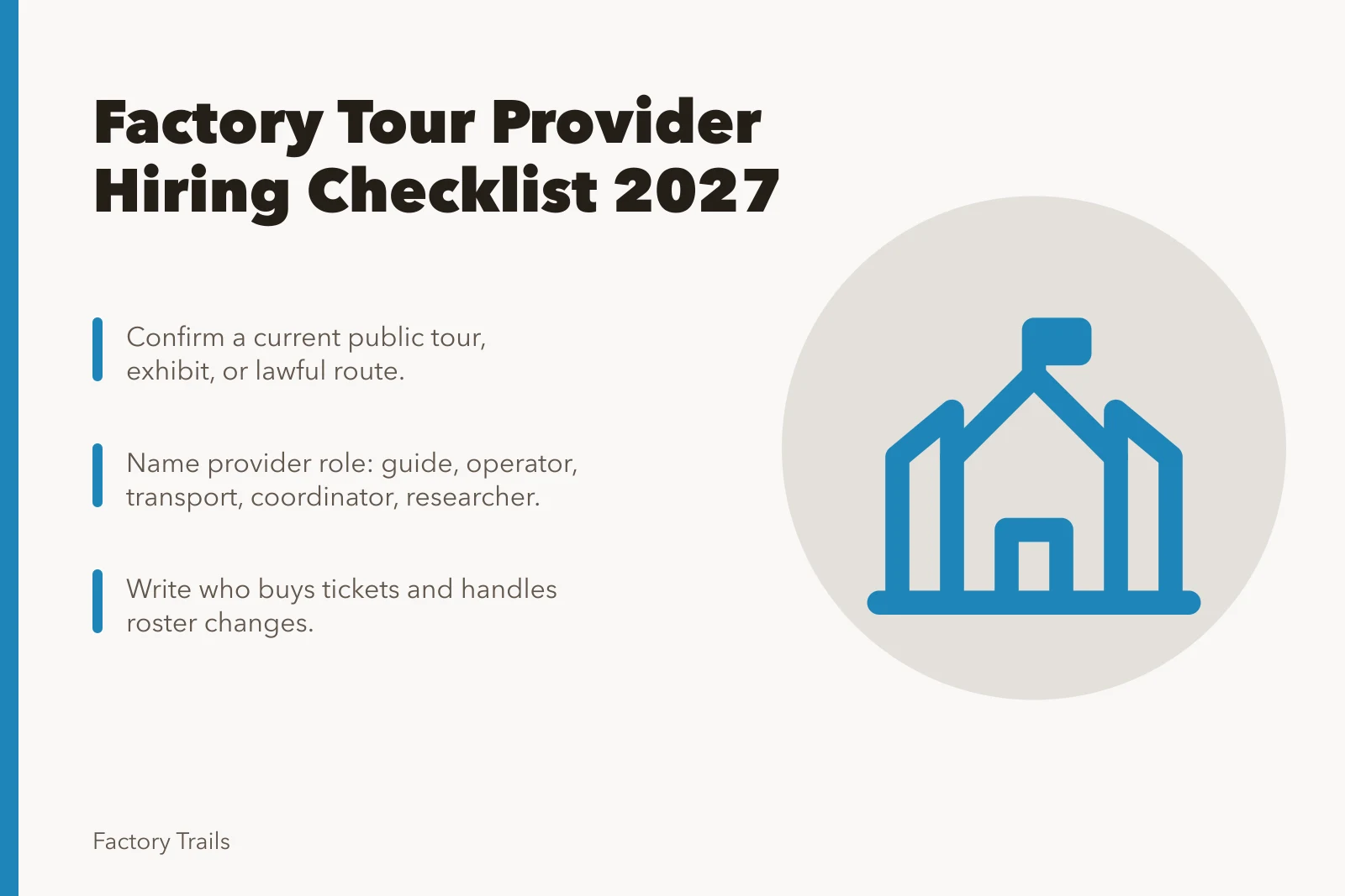 Checklist card for hiring factory tour providers in 2027. Factory tours provider selection scope checklist: what U.S. groups must confirm for 2027