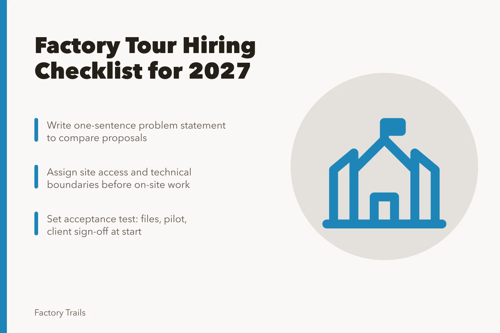Checklist card for hiring factory tour providers in 2027. Factory tours checklist: how to scope, budget and pick a provider