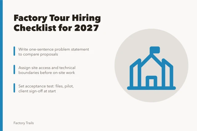 Checklist card for hiring factory tour providers in 2027. Factory tours checklist: how to scope, budget and pick a provider