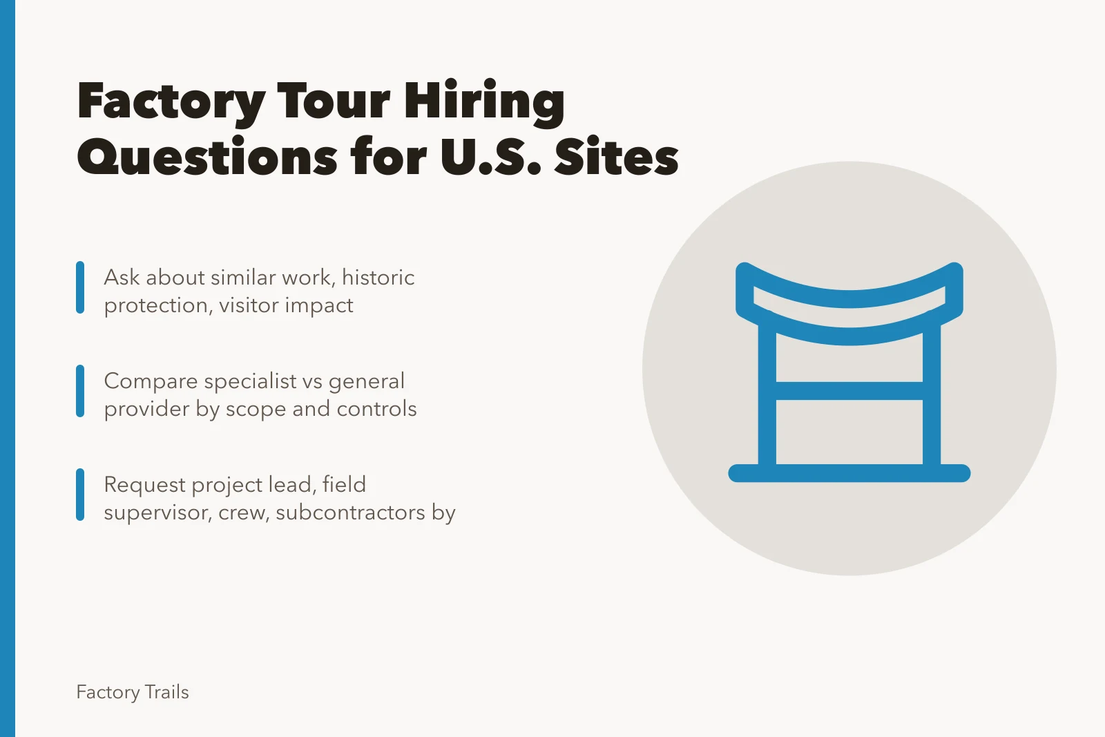 Checklist for hiring factory tour contractors at historic sites. Factory tour hiring questions for U.S. sites this year