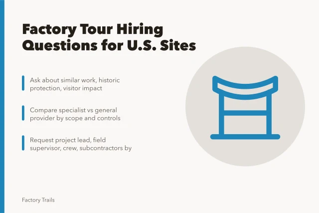 Checklist for hiring factory tour contractors at historic sites. Factory tour hiring questions for U.S. sites this year