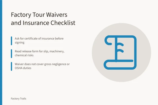Checklist for factory tour liability waivers and insurance certificates. Factory tour insurance and waivers: what U.S. visitors sign before a plant walk
