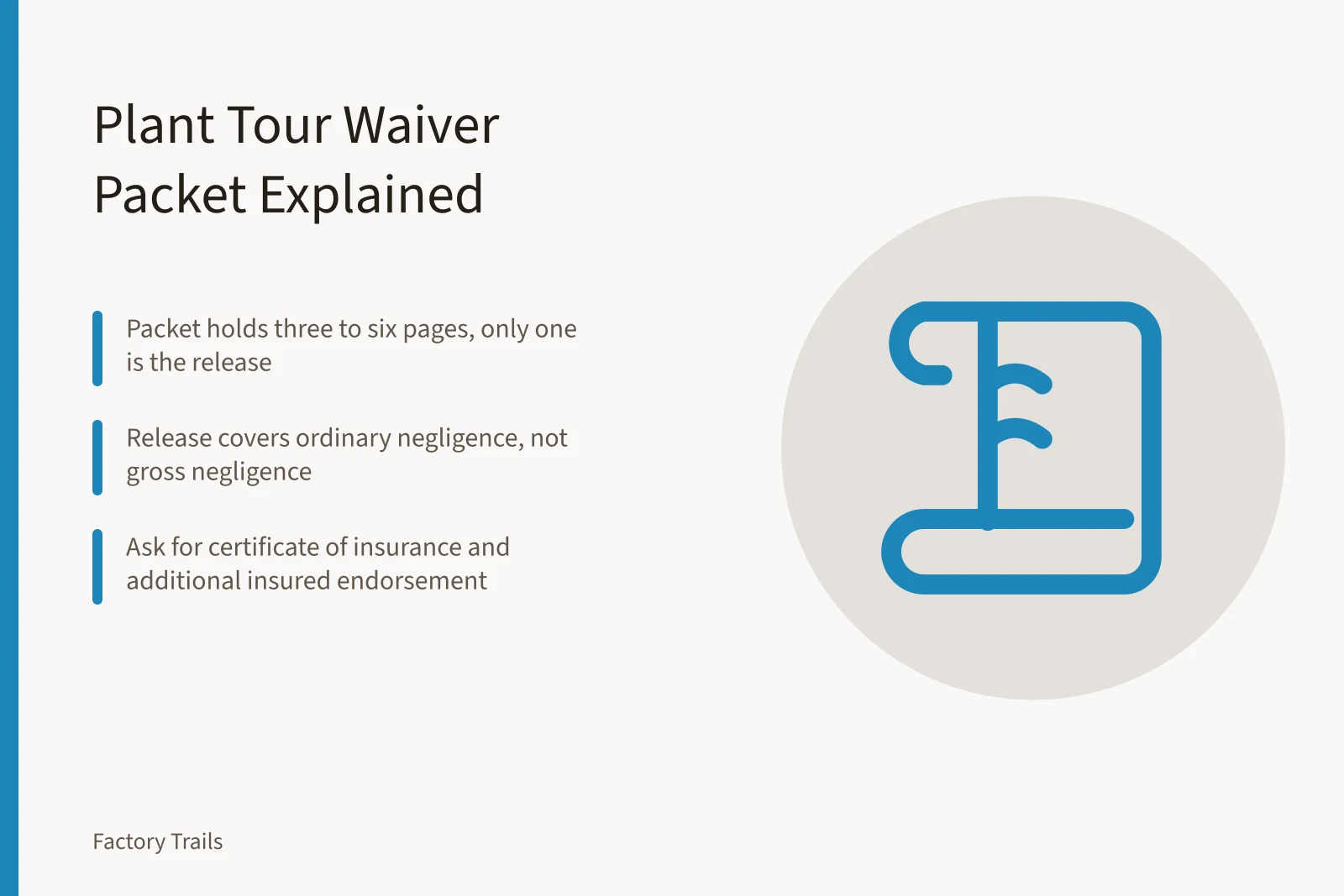 Clipboard waiver packet signed before walking an active factory production floor. Factory tour liability waivers: what U.S. visitors sign before a plant walk