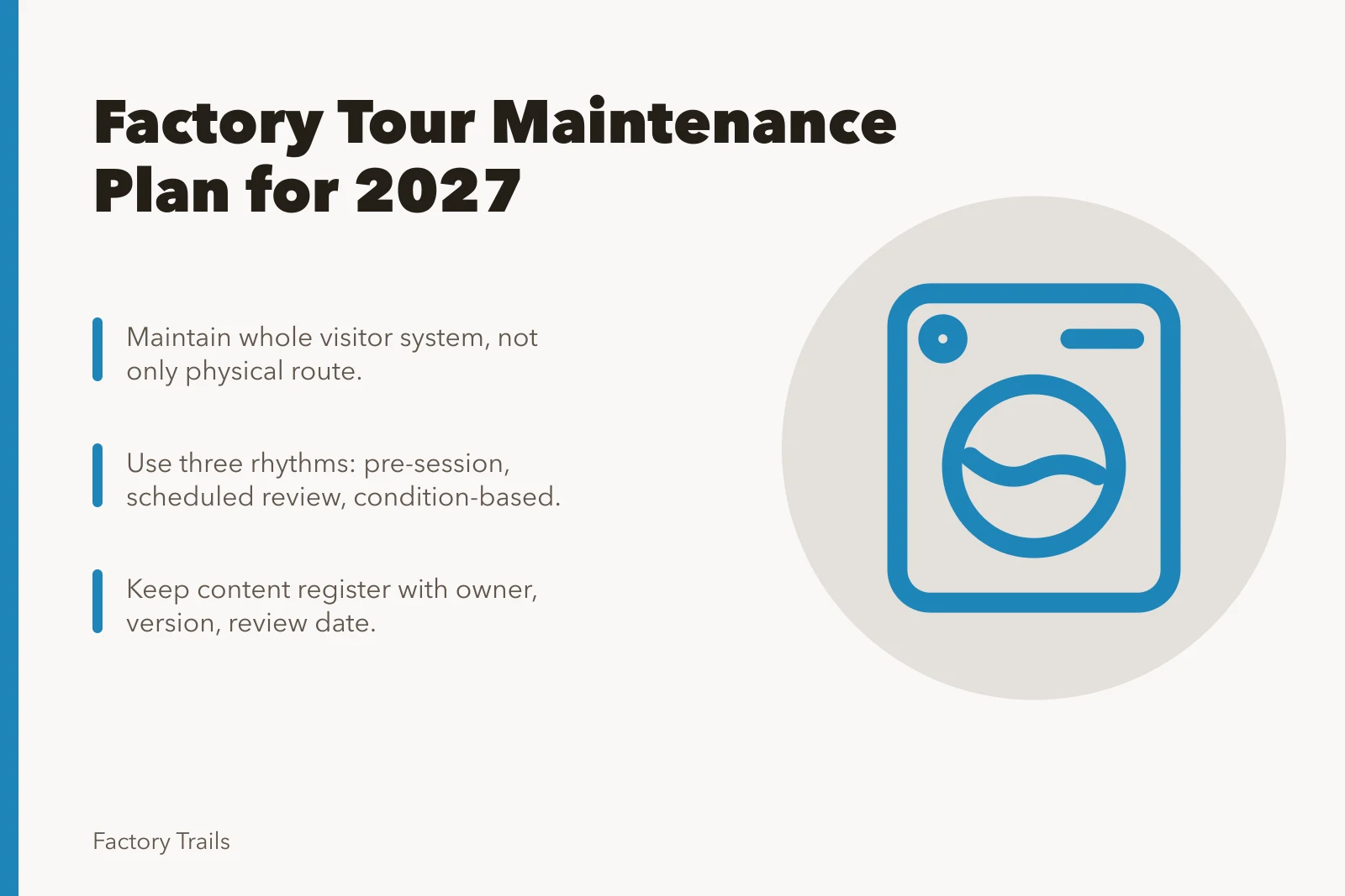 Factory tour maintenance planning card with three key steps for 2027. Factory tours budgeting maintenance plan: how U.S. operators can prepare for 2027