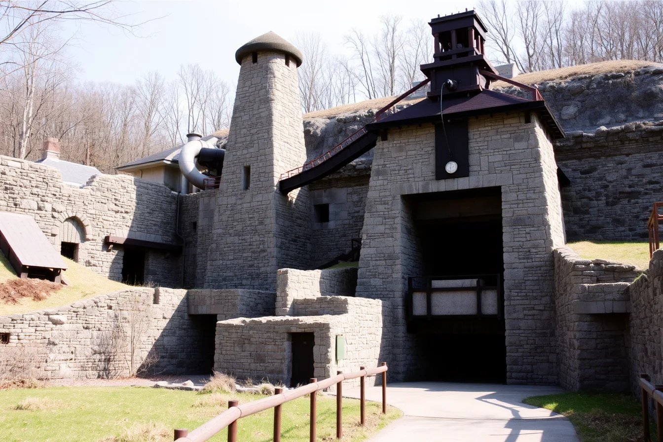 Reconstructed blast furnace at Saugus Iron Works with visitor path. A maintenance plan for U.S. factory tour sites that protects visitor routes, interpretation, historic materials, inspections, records, and seasonal operations