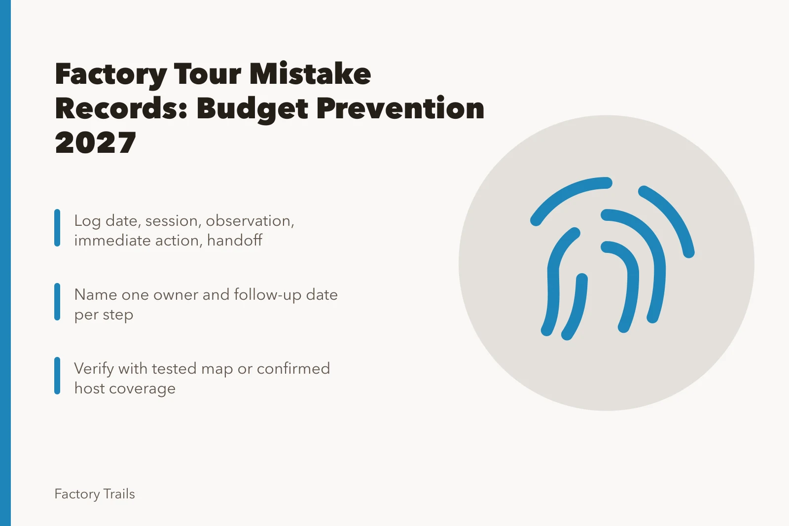 Checklist card for factory tour issue records and prevention planning. Factory tour mistake records: how owners should budget prevention for 2027