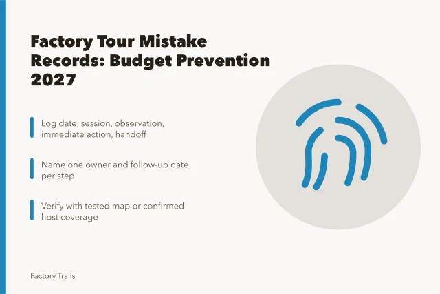 Checklist card for factory tour issue records and prevention planning. Factory tour mistake records: how owners should budget prevention for 2027