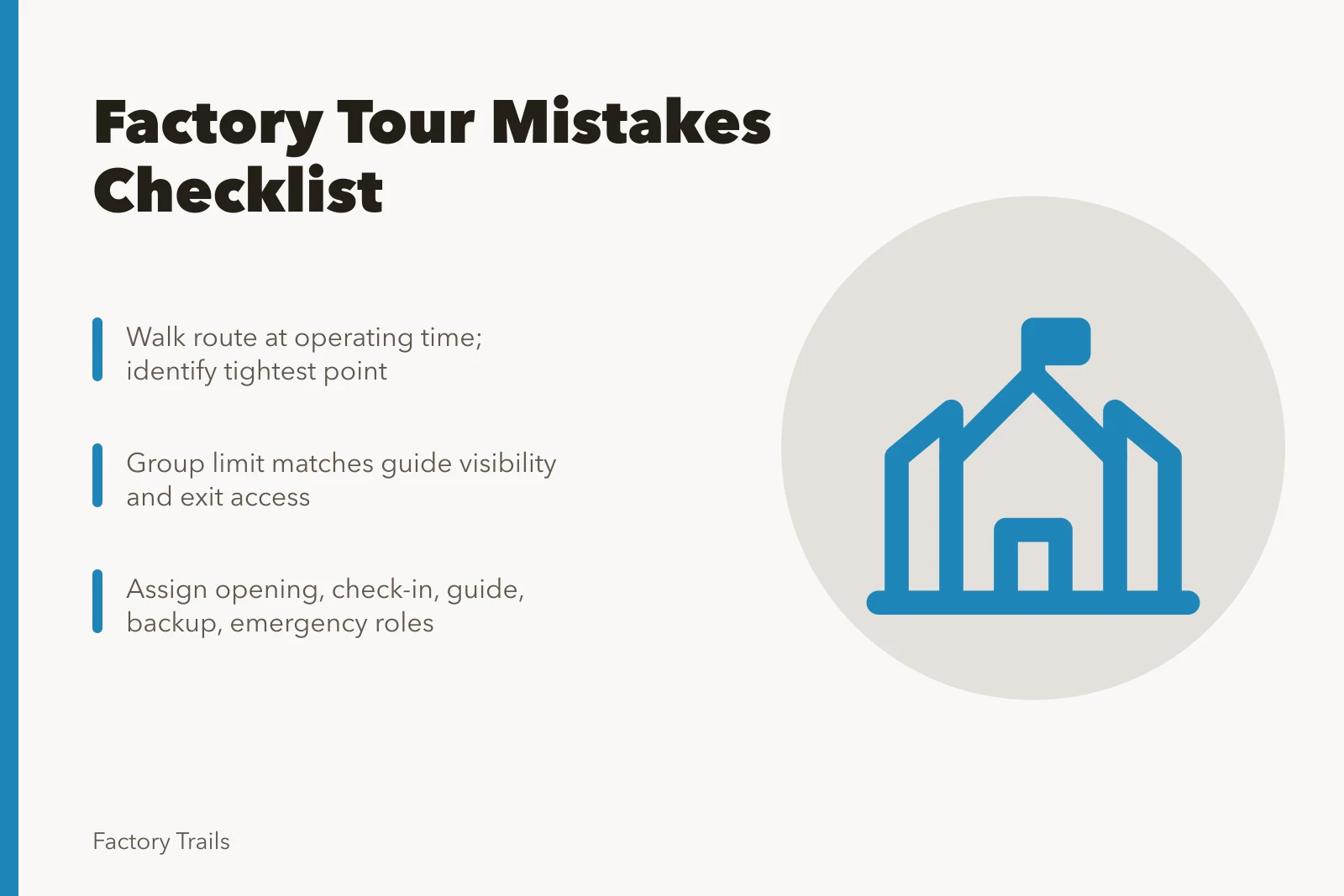 Checklist card for factory tour mistakes before U.S. site opening. Factory tour mistakes checklist: what to fix before your U.S. site opens in 2027