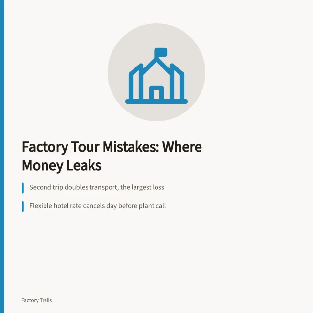 Card on factory tour budget losses: transport, stays, tickets. 6 parts of factory tour mistakes, explained