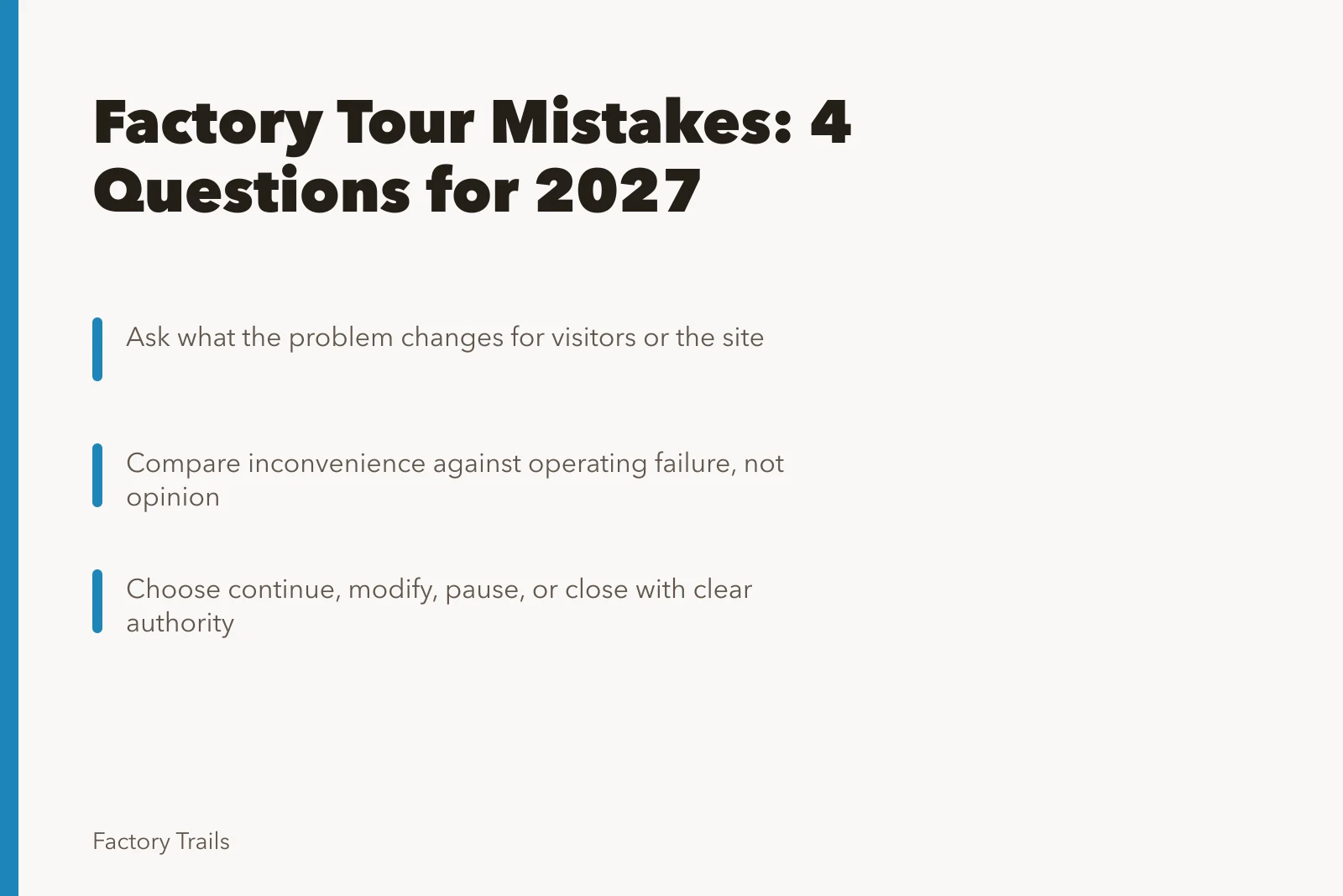 Card listing four decision questions for factory tour operations in 2027. Factory tour mistakes: 4 questions U.S. sites should ask in 2027