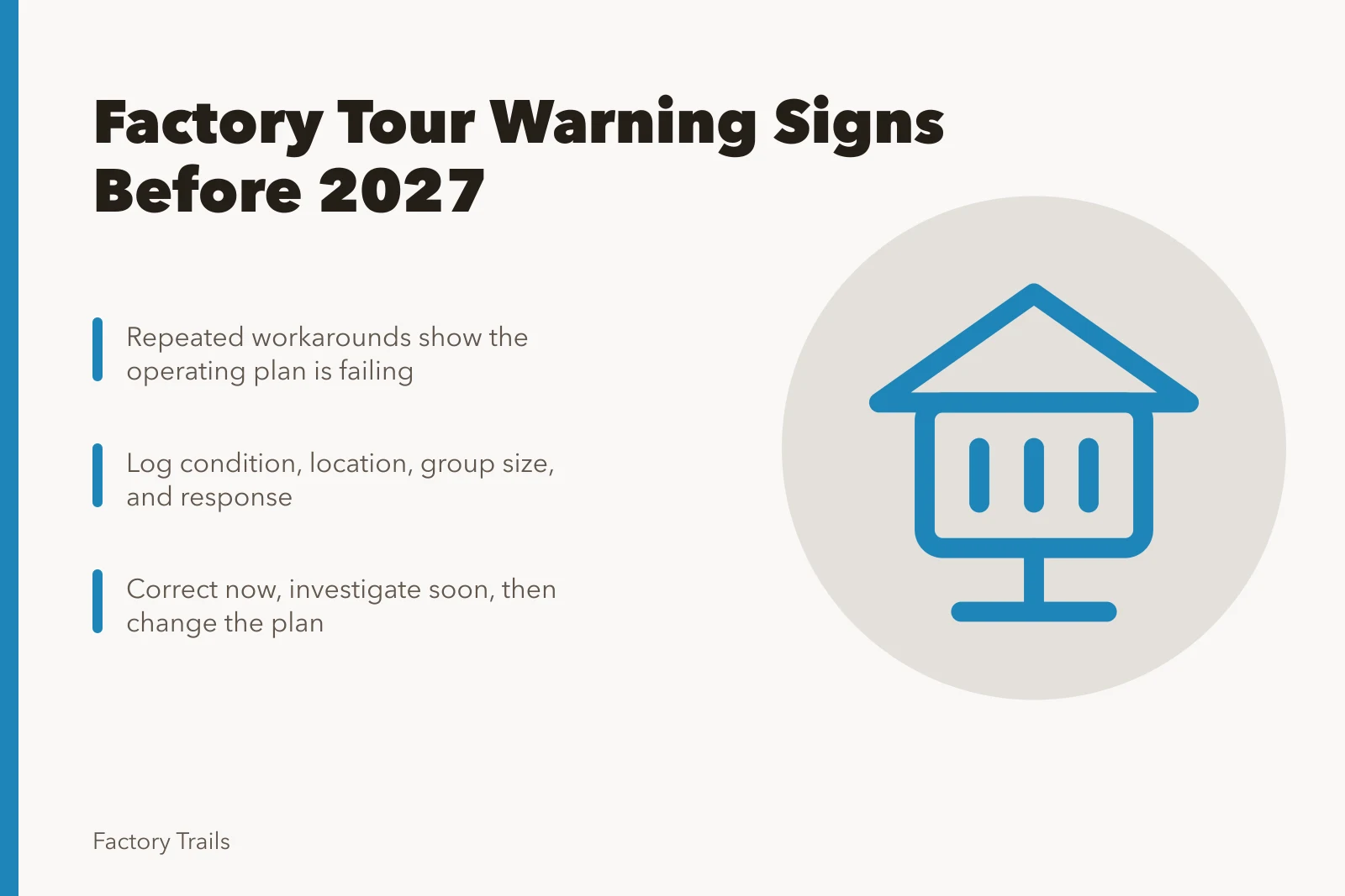 Card listing factory tour warning signs and three-level response steps. Factory tour warning signs U.S. sites should catch before 2027