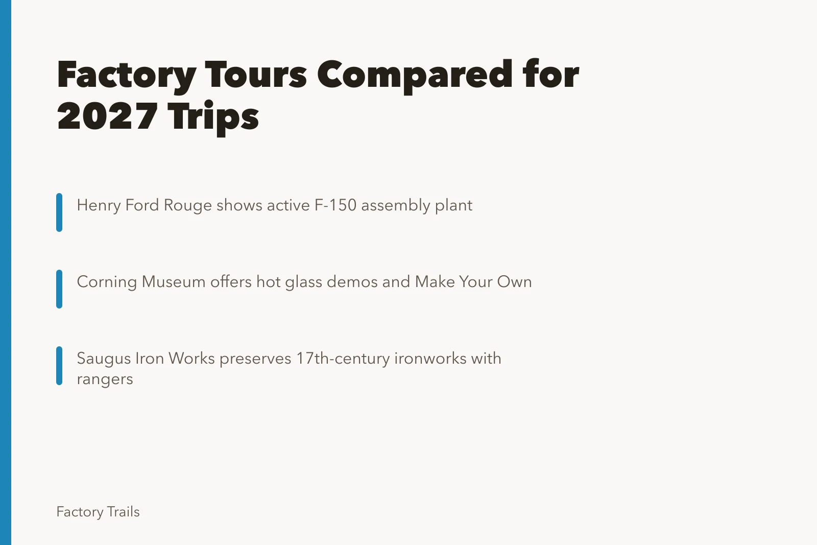 Comparison of factory tour options for 2027 trips. Factory tour options compared: how to pick one for 2027 trips