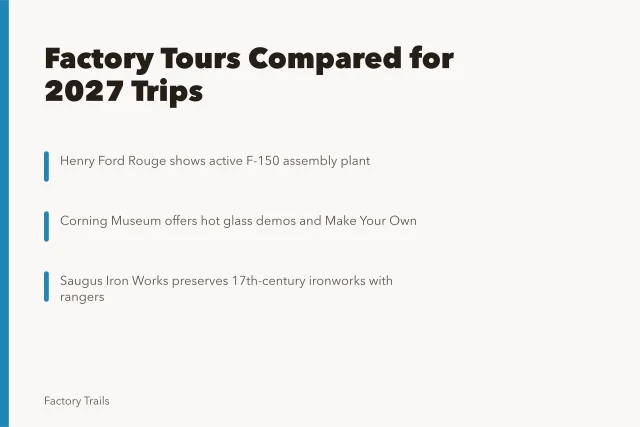 Comparison of factory tour options for 2027 trips. Factory tour options compared: how to pick one for 2027 trips
