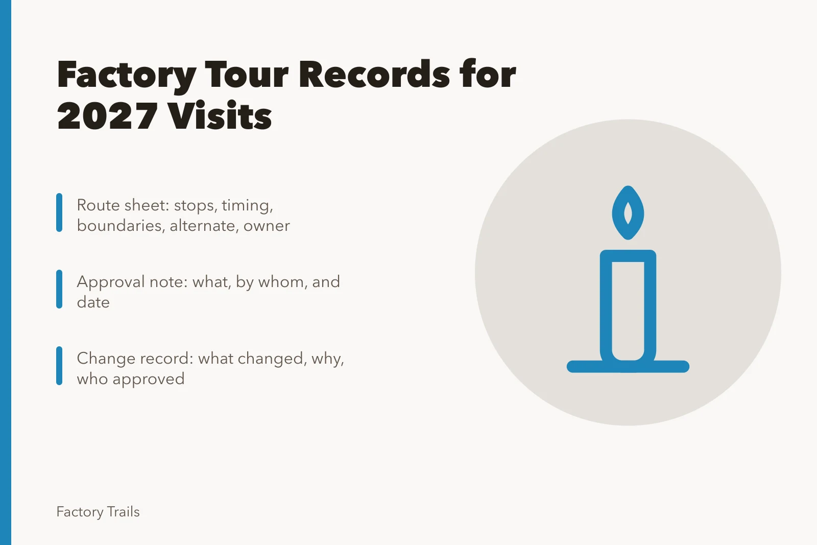 Card listing factory tour planning records for 2027 visits. How to keep factory tour planning records for 2027 visits