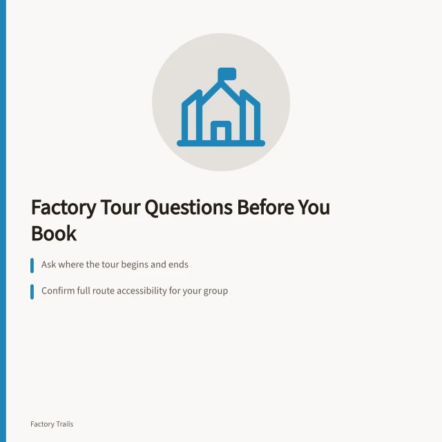 Checklist of factory tour questions for visitors before booking. Factory tour questions to ask before you book a visit