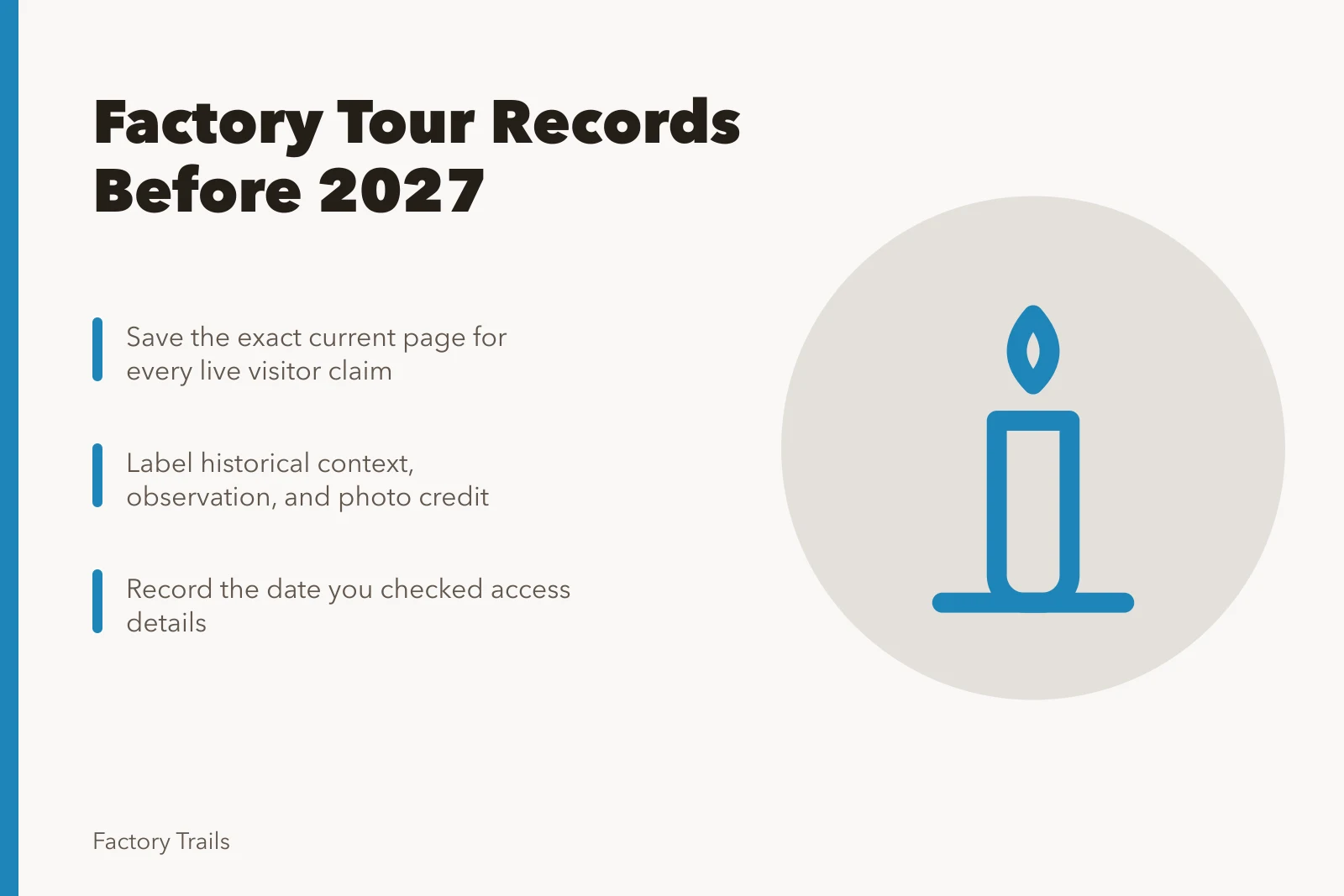 Card listing factory tour record fields to verify before 2027 visits. Factory tour records: what owners must keep before a 2027 visit