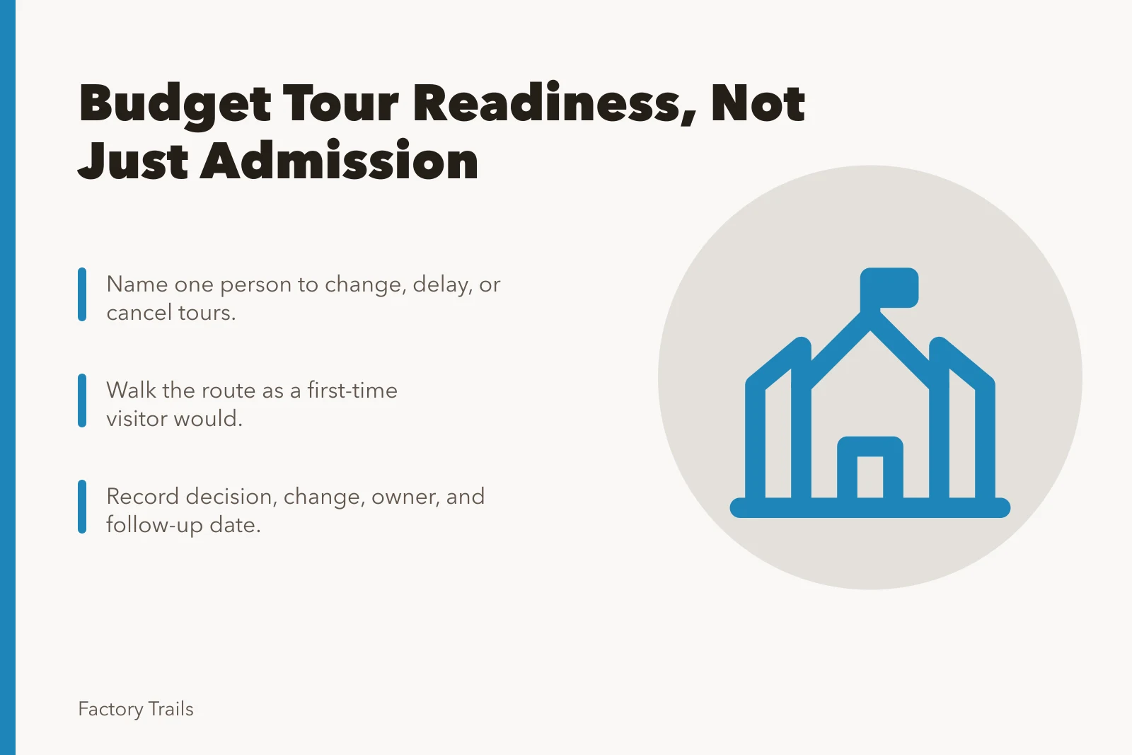 Checklist card for factory tour safety planning and readiness. Factory tour safety checklist: how to budget for readiness, not just admission