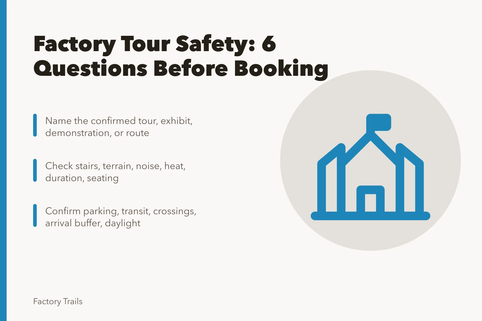 Checklist card for factory tour safety questions before booking in 2027. Factory tours safety checklist: 6 questions to ask before you book for 2027