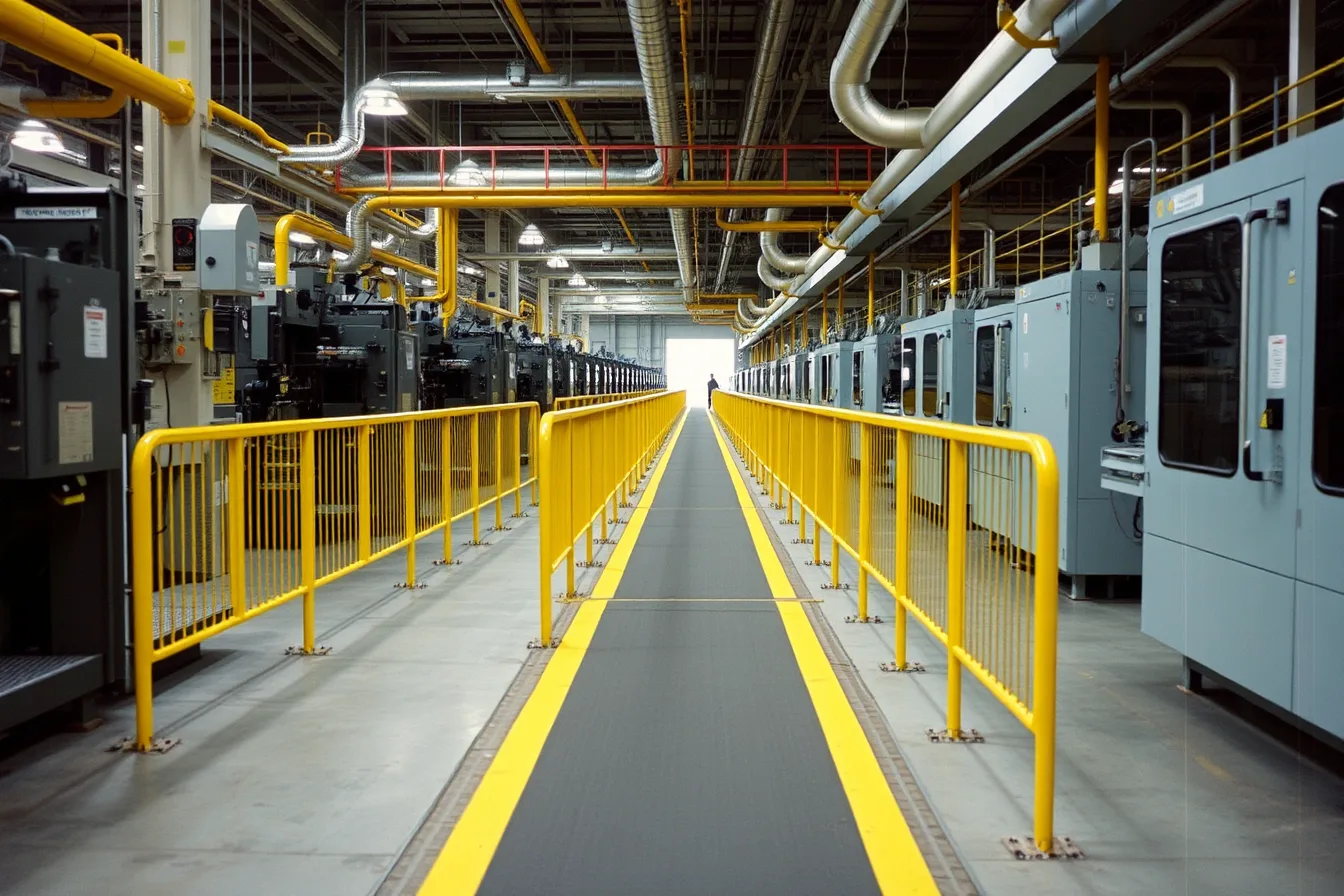 Yellow-striped visitor walkway between machines inside an industrial mill. Factory tour safety questions to ask before you sign anything