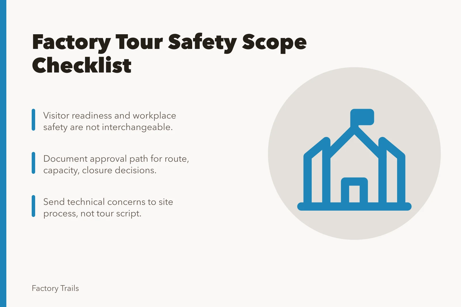 Checklist for factory tour safety scope and responsibilities. Factory tour safety checklist: what to settle before your 2027 launch
