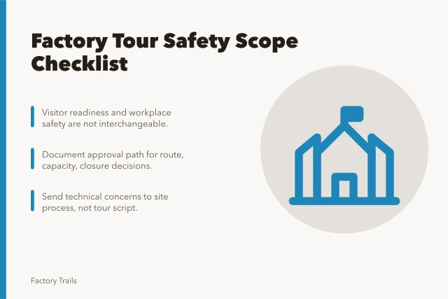 Checklist for factory tour safety scope and responsibilities. Factory tour safety checklist: what to settle before your 2027 launch