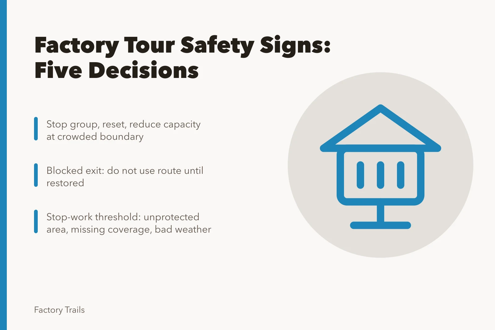 Safety signpost marking decisions for factory tour route approval. Factory tour safety signs in 2027: five decisions before you approve a route