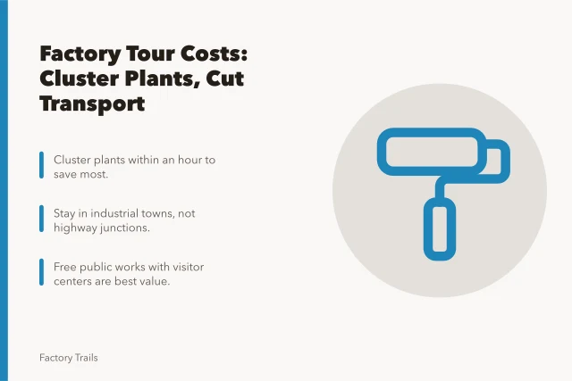 Cost breakdown for factory tours with clustering and transport savings. Getting factory tours cost right the first time