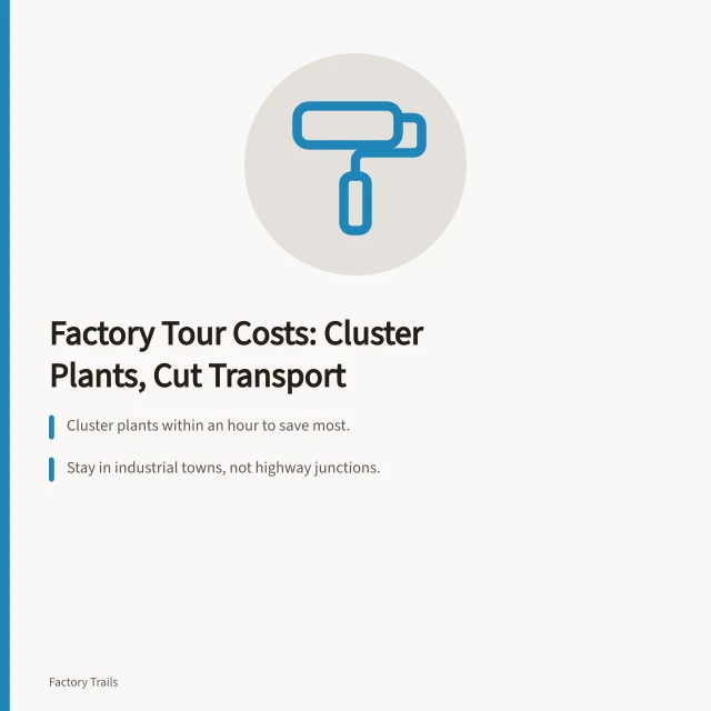 Cost breakdown for factory tours with clustering and transport savings. Getting factory tours cost right the first time