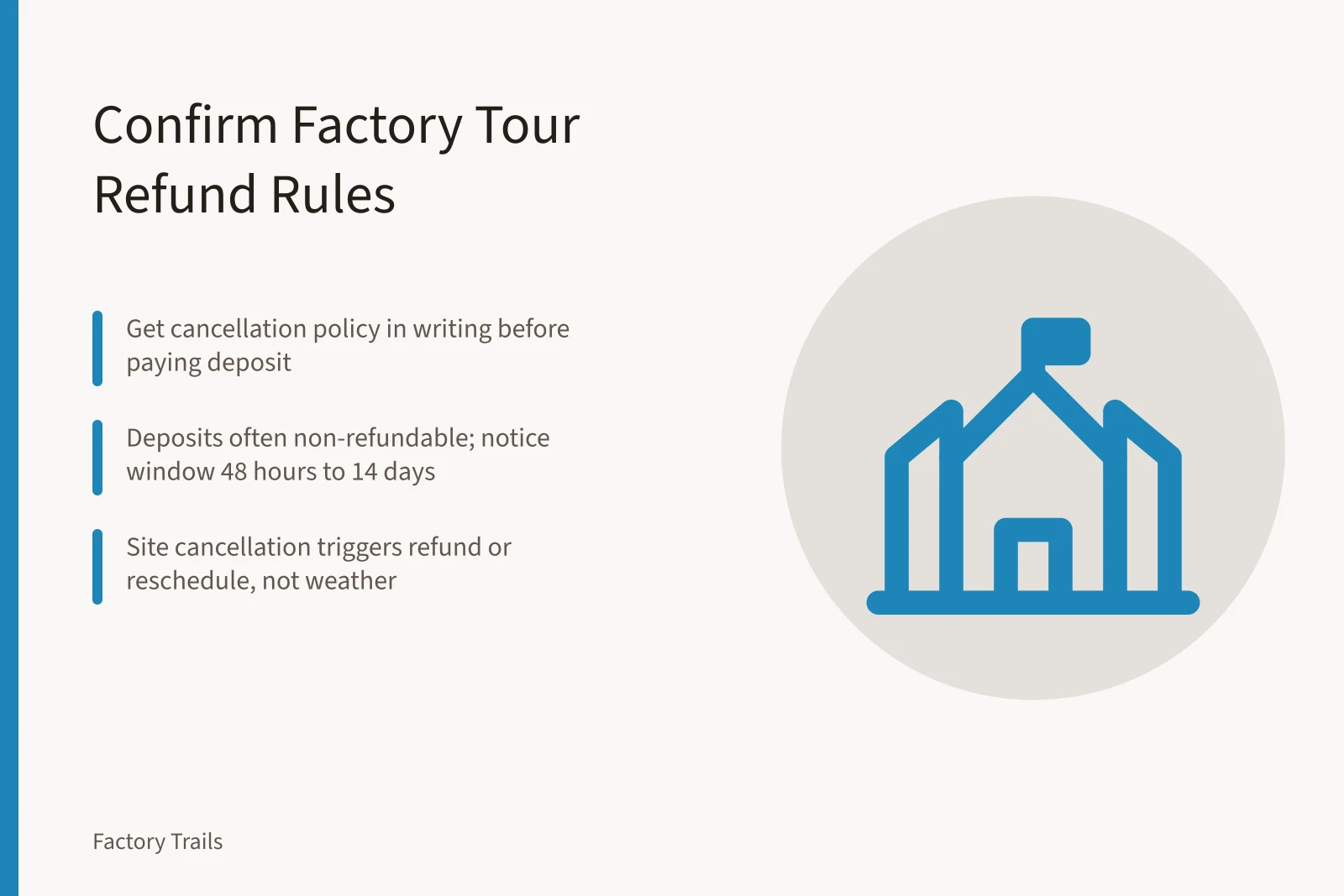 Card summarizing factory tour deposit and cancellation terms. Factory tours refunds and cancellations: what U.S. visitors should confirm before 2027