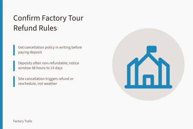 Card summarizing factory tour deposit and cancellation terms. Factory tours refunds and cancellations: what U.S. visitors should confirm before 2027