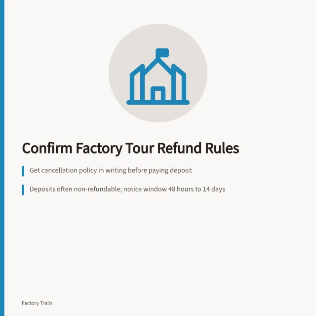 Card summarizing factory tour deposit and cancellation terms. Factory tours refunds and cancellations: what U.S. visitors should confirm before 2027