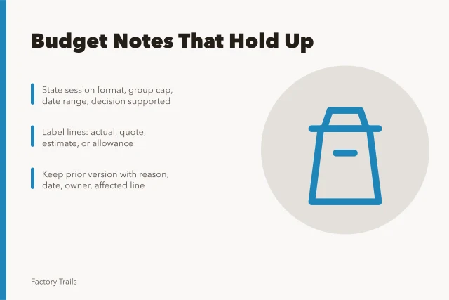 Budget note card listing scope, labeled cost lines, and version reasons. How to write factory visit cost planning budget notes that hold up