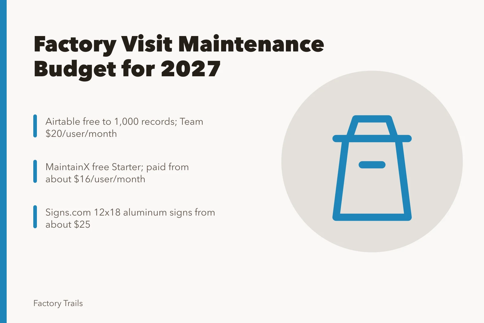 Card listing factory visit maintenance budget tools and public price signals. Working factory visits maintenance plan budget notes: what to review before 2027