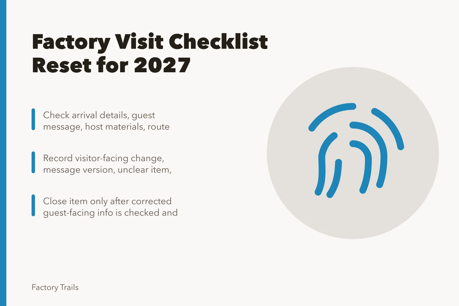 Checklist card for factory visit readiness, corrections, and seasonal reset. Working factory visits maintenance plan scope checklist for 2027 teams