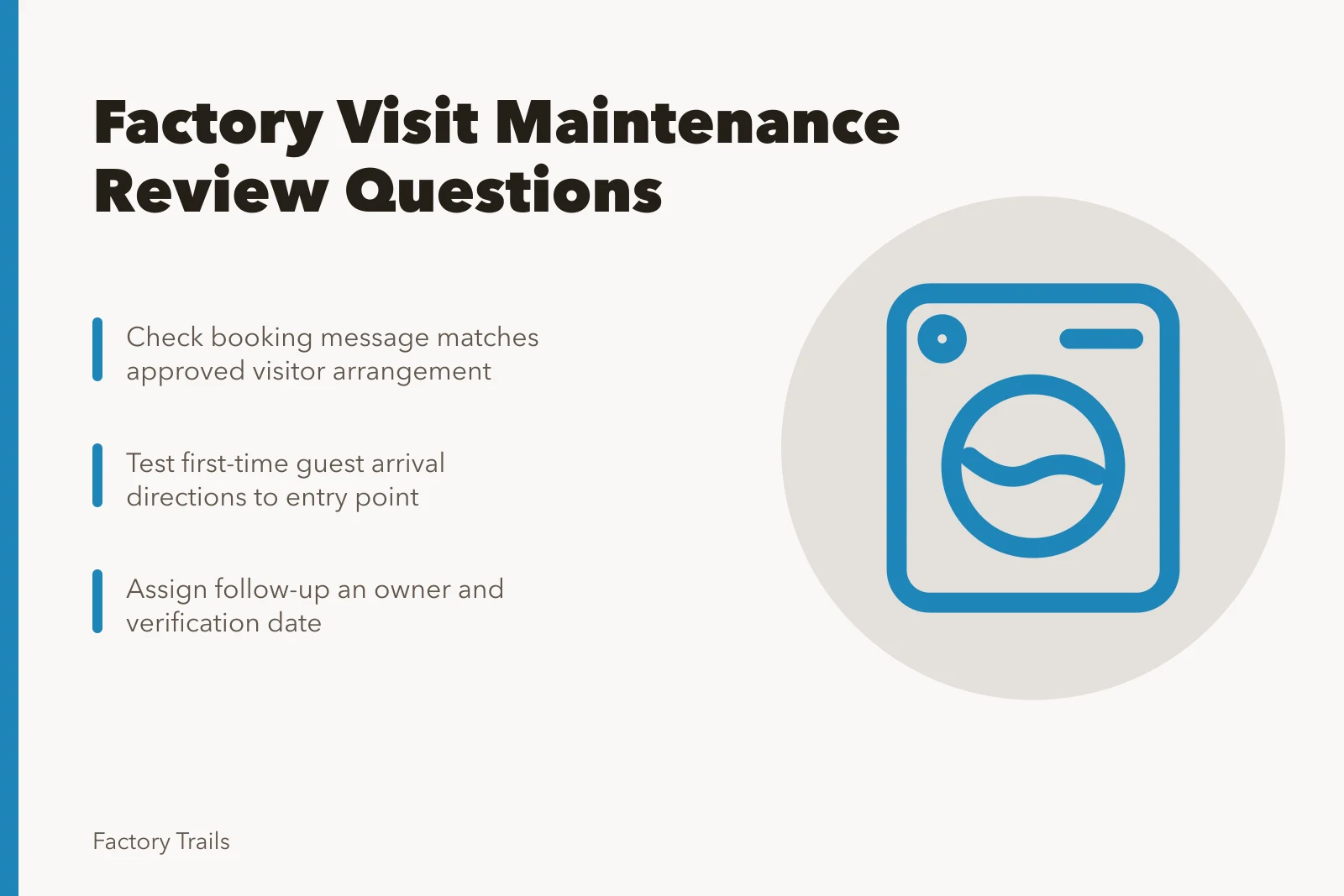 Checklist card for factory visit maintenance review questions and handoffs. Factory visit maintenance plan comparison questions to ask early