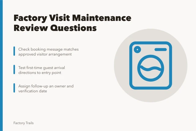 Checklist card for factory visit maintenance review questions and handoffs. Factory visit maintenance plan comparison questions to ask early