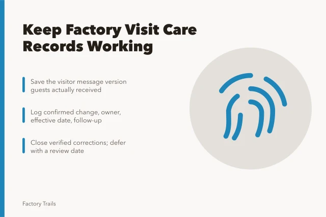 Card summarizing factory visit care record version control and review steps. How to keep factory visit care records working in 2027