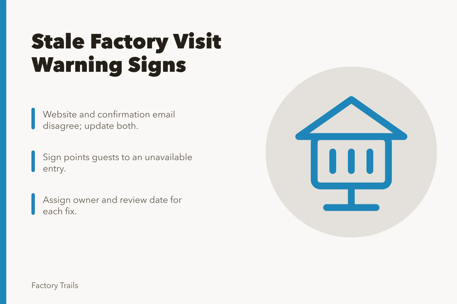 Card listing stale factory visit warning signs and corrections. Factory visits in 2027: warning signs your maintenance plan is out of date