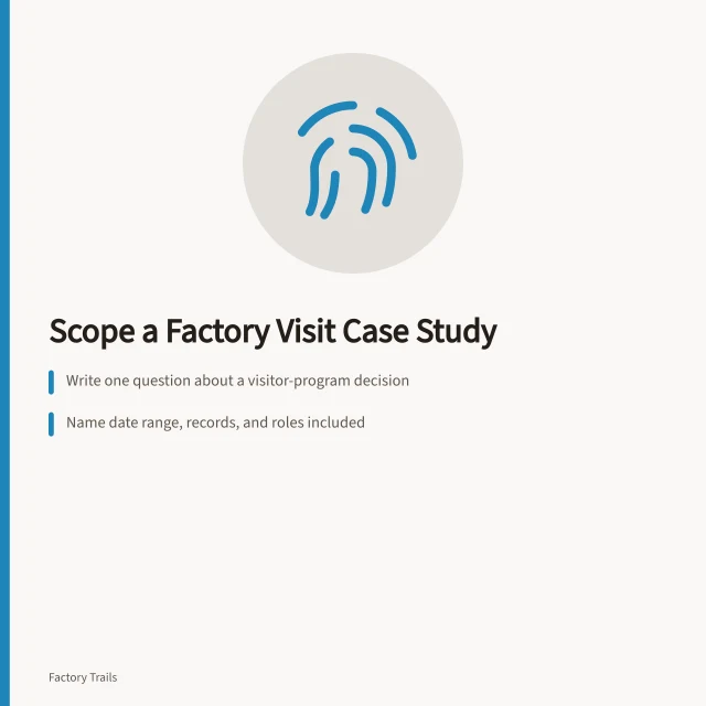 Checklist card for scoping a factory visit case study. How to scope a working factory visit case study: a 2027 checklist
