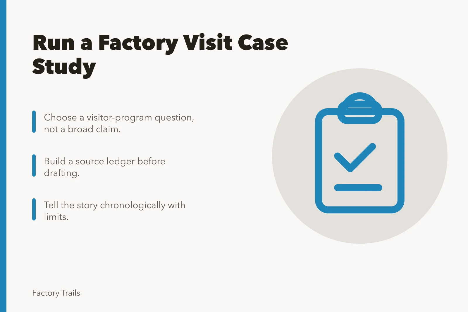 Card outlining factory visit case study method steps for teams. How to run a working factory visits case study method for 2027 teams