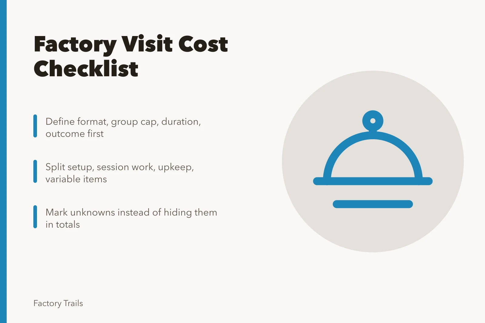 Cost checklist card for planning factory visit sessions and budgets. Factory visit cost planning checklist: scope, assumptions and actuals