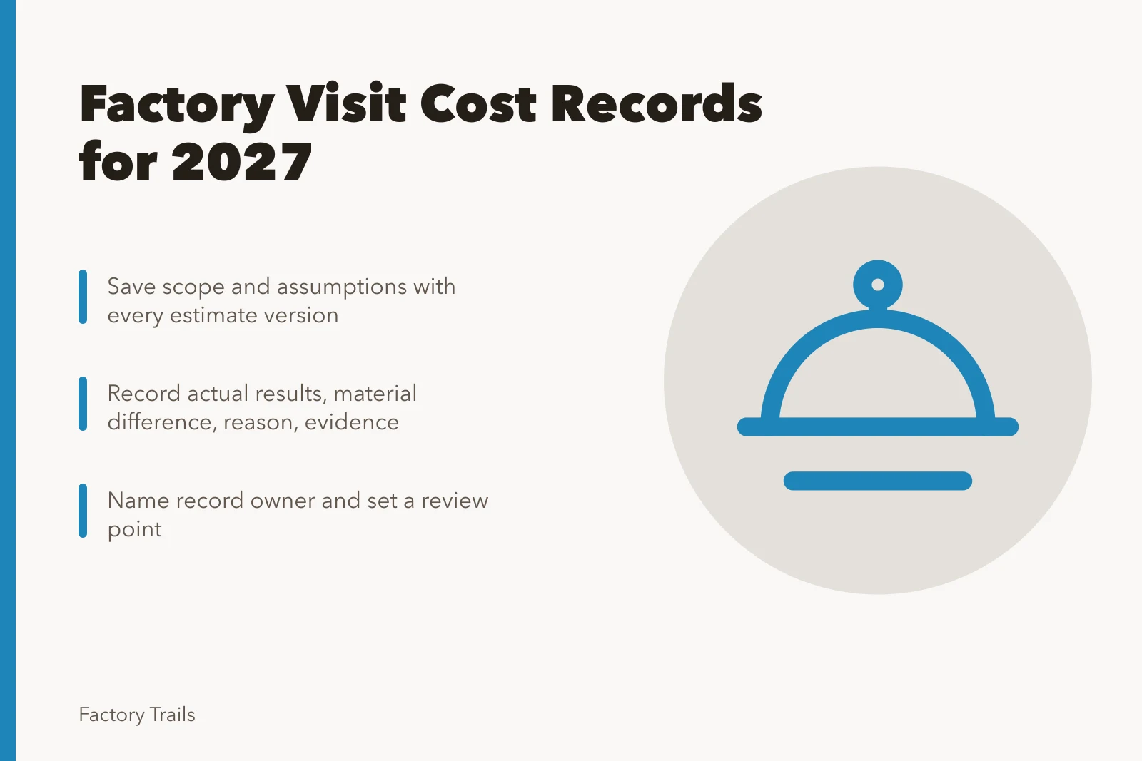 Card summarizing factory visit cost record planning for 2027. How to keep working factory visit cost planning records clear for 2027