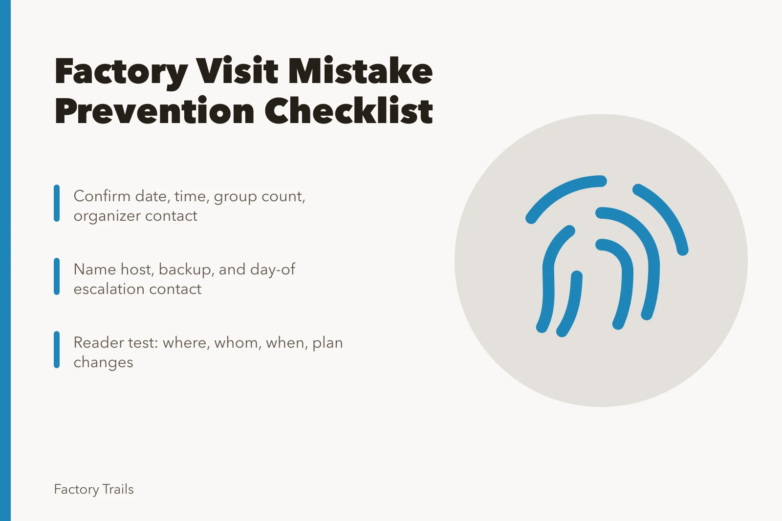 Checklist card for preventing factory visit booking mistakes. Working factory visits: a mistake prevention checklist before you publish