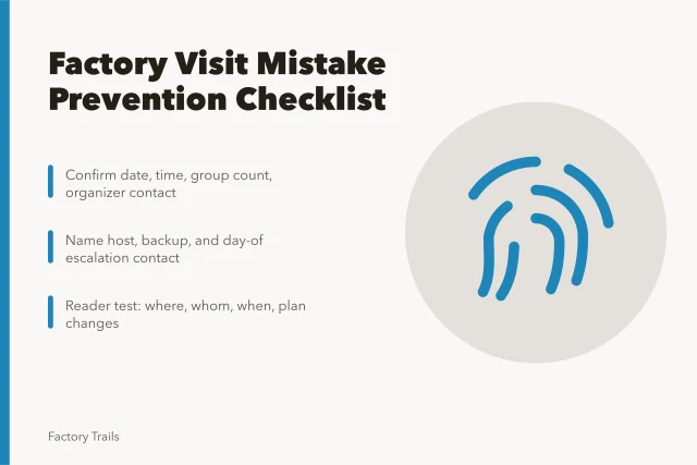 Checklist card for preventing factory visit booking mistakes. Working factory visits: a mistake prevention checklist before you publish
