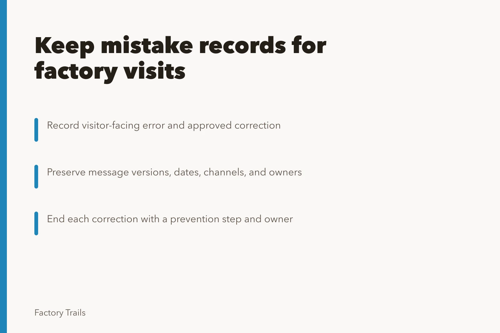Guide to documenting factory visit mistakes, corrections, versions, and prevention steps. Working factory visits: how owners should keep mistake records in 2027