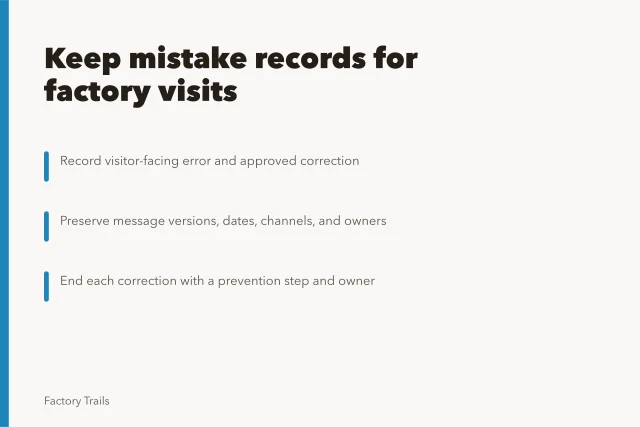 Guide to documenting factory visit mistakes, corrections, versions, and prevention steps. Working factory visits: how owners should keep mistake records in 2027